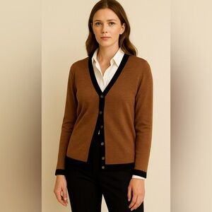 Mendocino Merino Wool Brown Cardigan Black Trim Preppy Office Classic Medium